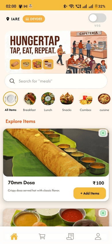 HungerTap app home screen showing canteen menu items