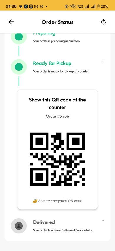 HungerTap order-ready screen with the pickup token